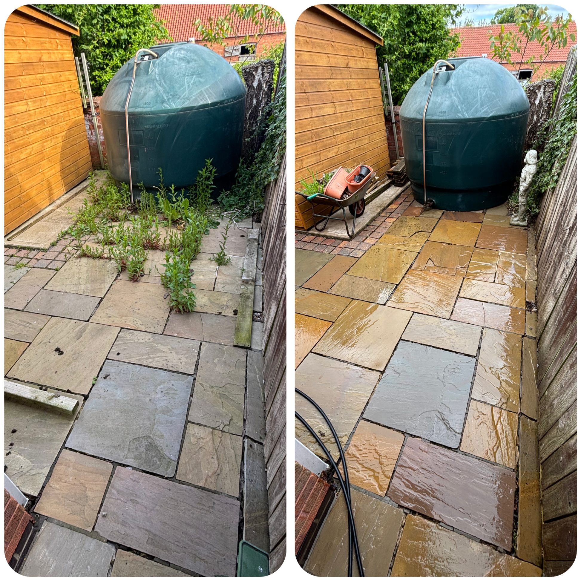 Before and after sandstone patio clean at a residential property in Newton on Trent